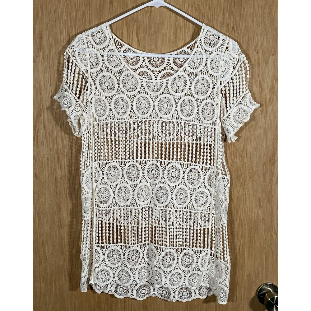 Phase One Crochet Top Women's Sz M Sheer Hippie Festival Boho CottageCore Fairy